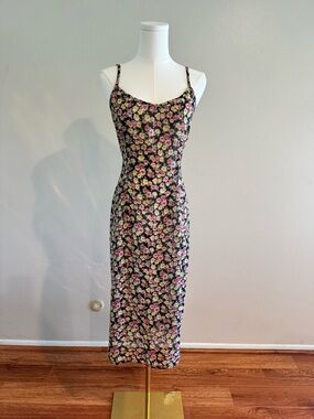 Vintage 90s Rampage Floral Slip Midi Dress in Black with Pink & Yellow Blooms